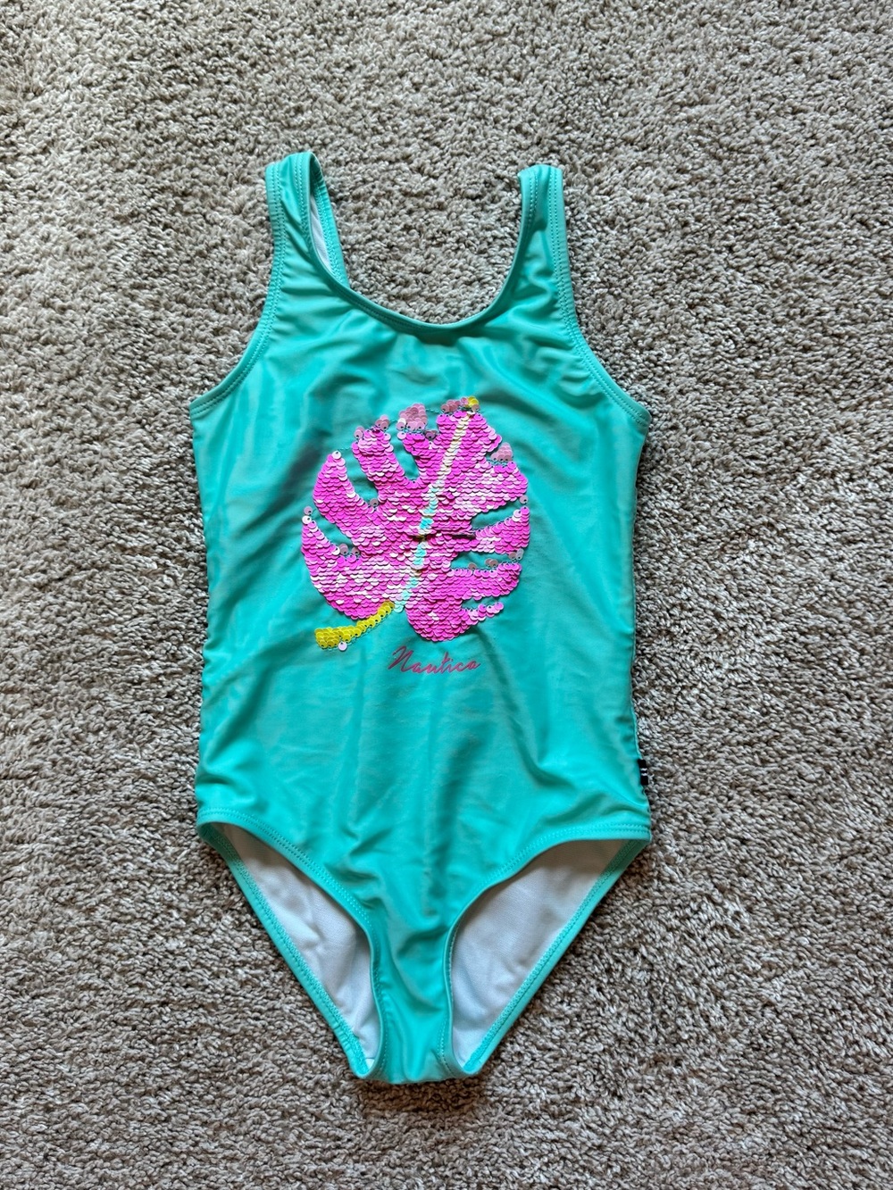 Nautica Girls One Piece Swimsuit Teal Pink Sequin Palm Leaf Bathing Suit size 6 - Picture 2 of 8